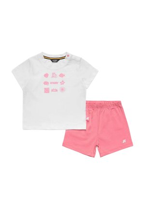 Maglietta bianca a maniche corte per bambina/o con icone rosa a tema marino e pantaloncini rosa con fascia elastica in vita.