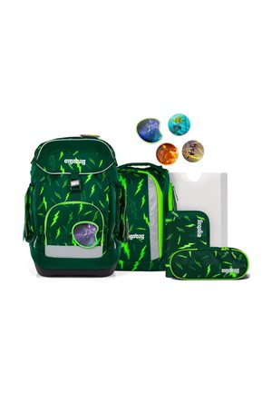 Green backpack set featuring lightning bolt patterns, reflective accents, and a purple character patch. Includes pencil case and folder.