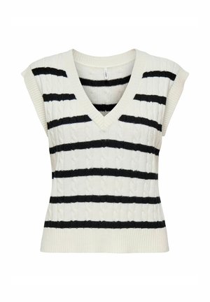 Austa bez piedurknēm džemperis krēmkrāsā ar melnām horizontālām svītrām, ar V veida kakla izgriezumu un teksturētu aušanas rakstu uz auduma.