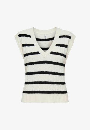 Knit sleeveless sweater in cream with black horizontal stripes, featuring a V-neck and textured cable-knit pattern on the fabric.