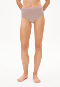 Culotte taille haute couleur brun clair avec une texture lisse et un design sans couture, dotée d'une ceinture élastique pour un confort optimal.