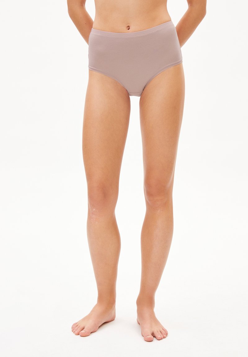 Culotte taille haute couleur brun clair avec une texture lisse et un design sans couture, dotée d'une ceinture élastique pour un confort optimal.