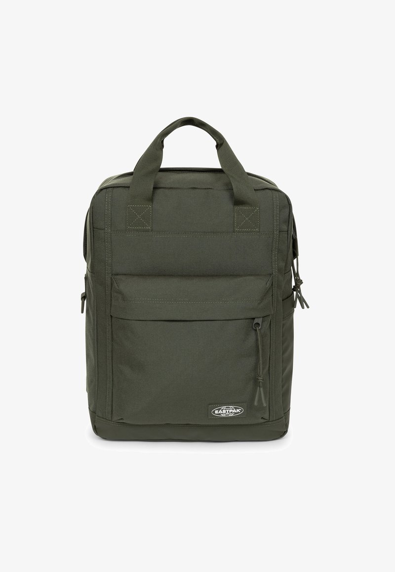 Zaino rettangolare verde scuro con doppi manici superiori, tasca anteriore con zip, dettagli con zip laterale e patch con logo Eastpak.
