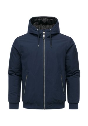 Navyblauwe hoodie met een voorrits, twee zijzakken, elastische manchetten en een gladde, textuur afgewerkte stof.