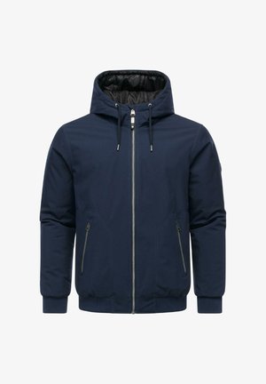 Marineblaue Kapuzenjacke mit einem Frontreißverschluss, zwei Seitentaschen, elastischen Bündchen und einer glatten, strukturierten Oberfläche.