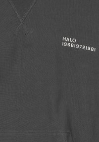 Dunkelgrauer Hoodie mit strukturiertem Finish. Auf der Vorderseite befindet sich der weiße Druck "HALO 196819721981". Einfaches, lässiges Design.