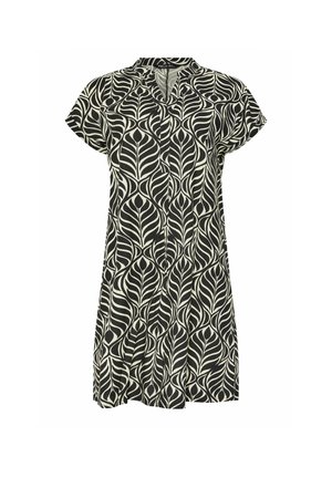 Schwarz-weißes kurzärmeliges Kleid mit abstraktem Blättermuster, Kragen und vorderen Knopfleisten.