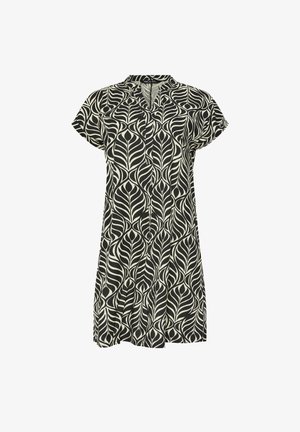 Schwarz-weißes kurzärmeliges Kleid mit abstraktem Blättermuster, Kragen und vorderen Knopfleisten.