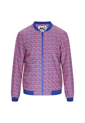 Giacca bomber con un vivace motivo astratto in rosa e blu, caratterizzata da una zip frontale, polsini e orlo a coste in materiale blu solido.