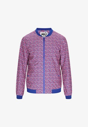 Giacca bomber con un vivace motivo astratto in rosa e blu, caratterizzata da una zip frontale, polsini e orlo a coste in materiale blu solido.