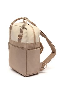 Beige backpack with a smooth upper and fabric lower, featuring padded straps, side pocket, and a zippered main compartment.
