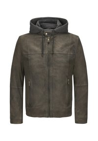 Braune Lederjacke mit grauem Kapuzenpullover. Verfügt über einen Reißverschluss, zwei seitliche Taschen und steppende Details. Glatte Textur und taillierter Schnitt.