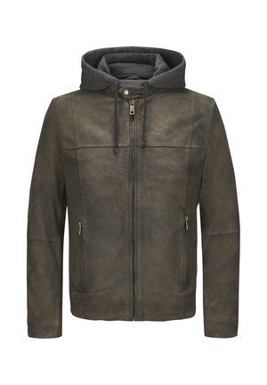 Braune Lederjacke mit grauem Kapuzenpullover. Verfügt über einen Reißverschluss, zwei seitliche Taschen und steppende Details. Glatte Textur und taillierter Schnitt.