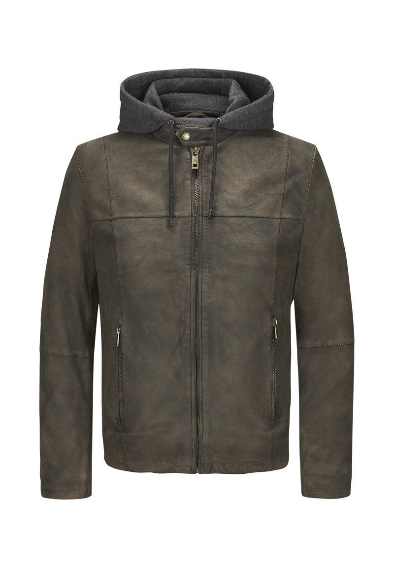 Braune Lederjacke mit grauem Kapuzenpullover. Verfügt über einen Reißverschluss, zwei seitliche Taschen und steppende Details. Glatte Textur und taillierter Schnitt.