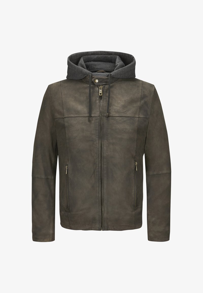 Braune Lederjacke mit grauem Kapuzenpullover. Verfügt über einen Reißverschluss, zwei seitliche Taschen und steppende Details. Glatte Textur und taillierter Schnitt.