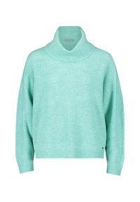 Mintgroene pullovertrui met een brede col, geribbelde textuur en hexagonaal patroon, gemaakt van een zachte, lichtgewicht breimateriaal.