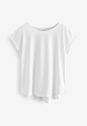 T-shirt blanc à manches courtes avec un col rond et un ourlet arrondi. Fabriqué en tissu doux et lisse, il offre une coupe décontractée.
