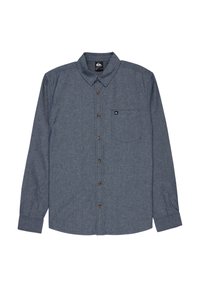 Dark blue button-up shirt made of lightweight fabric, featuring a collar, long sleeves, and a chest pocket with a small logo patch.