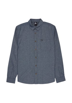 Dark blue button-up shirt made of lightweight fabric, featuring a collar, long sleeves, and a chest pocket with a small logo patch.