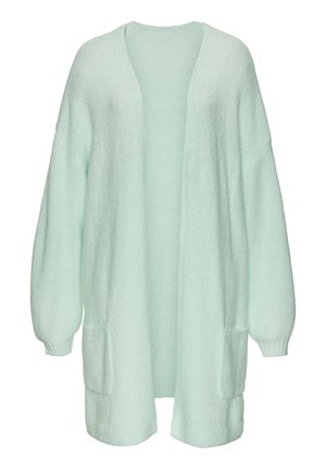 Hellgrüner Cardigan aus weichem, strukturiertem Stoff. Mit langen Ärmeln, offenem Vorderteil und zwei Fronttaschen.