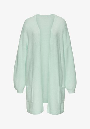 Hellgrüner Cardigan aus weichem, strukturiertem Stoff. Mit langen Ärmeln, offenem Vorderteil und zwei Fronttaschen.