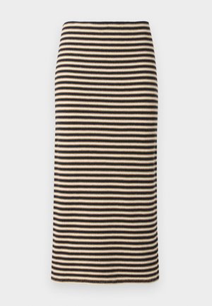 Jupe crayon tricotée avec des rayures horizontales noires et beiges, présentant une silhouette ajustée et une texture lisse. L'ourlet est droit et net.