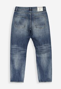 Hellblaue Jeans aus Denim mit entspannter Passform, ausgestattet mit zwei Gesäßtaschen und ausgewaschenen Bereichen für einen lässigen Look. Etikett am Bund sichtbar.