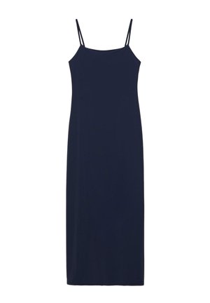 Marineblaues ärmelloses Maxikleid mit dünnen Spaghetti-Trägern und gerade geschnittenem Ausschnitt, auf weißem Hintergrund dargestellt.