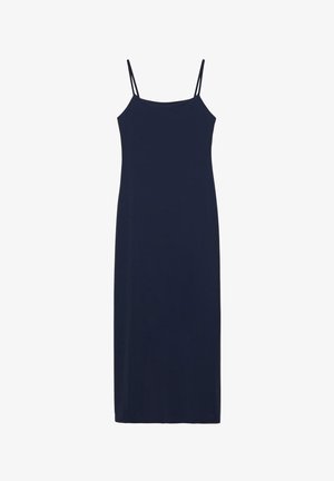 Marineblauwe mouwloze maxi-jurk met dunne spaghetti bandjes en een rechte halslijn, weergegeven op een witte achtergrond.