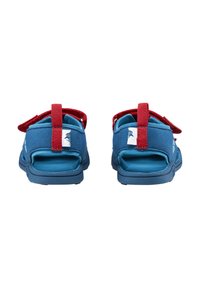 Infradito blu con cinturini rossi, dotati di chiusura in velcro, apertura sul retro e soletta imbottita. Materiale resistente con dettagli testurizzati.