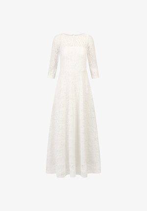 Witte kanten jurk met een ronde halslijn, driekwart mouwen en een vloeiende rok, met bloemachtige patronen en een knie-lange snit.