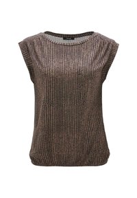 Kortärmad topp i brunt och beige strukturerat tyg med rund halsringning och avslappnad passform, med ett subtilt mönster genom hela plagget.
