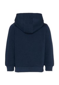 Felpa blu navy realizzata in un tessuto morbido, caratterizzata da un ampio cappuccio, maniche con polsini e un design dalla vestibilità rilassata senza motivi visibili.