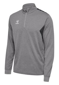 Grijze langslavige pullover met een kwart ritssluiting, zwarte zijaccenten en een gestructureerde stof. Heeft een logo op de borst en geribbelde manchetten.