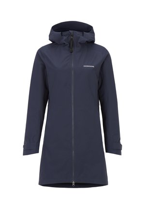 Manteau imperméable à capuche bleu marine avec fermeture éclair à l'avant, manches longues avec poignets ajustables, et logo Didriksons sur la poitrine.