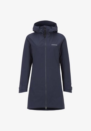Manteau imperméable à capuche bleu marine avec fermeture éclair à l'avant, manches longues avec poignets ajustables, et logo Didriksons sur la poitrine.