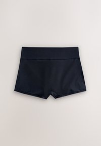 Sorte badeshorts med høj talje, tætsiddende silhuet, glat stof og uden synlige logoer eller mønstre.