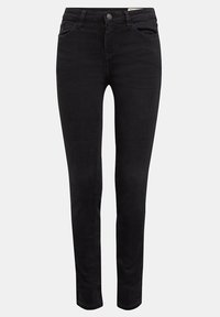 Jeans ajustados negros de mezclilla, con un diseño clásico de cinco bolsillos, pasadores para cinturón y un cierre frontal con botón y cremallera.