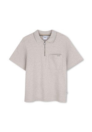 Lichtbeige poloshirt met korte mouwen, kraag, rits aan de voorkant, borstzakje en BOSS-logo op het zakje en het label binnen in de nek.