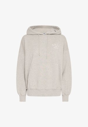 Šviesiai pilka džemperis su gobtuvu, pagamintas iš minkštos medvilnės mišinio, su priekyje esančia kišenė, laisva apdaila, raišteliu užtraukiamu gobtuvu ir siuvinėtu logotipu ant krūtinės.