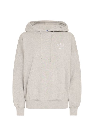 Svetlosivá mikina z mäkkej zmesi bavlny s prednou vreckom, vo voľnom strihu, s kapucňou na šnúrky a vyšitým logom na hrudi.