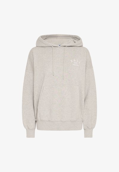 Világosszürke kapucnis felső puha pamut keverékből, elülső zsebével, laza szabással, húzózsinóros kapucnival és hímzett logóval a mellkasán.