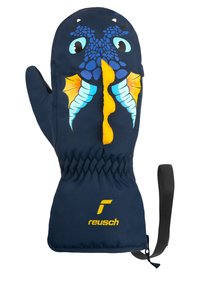 Navy blue mitten with colorful dragon design; features yellow accents, textured scales, and elastic wrist with strap for secure fit.