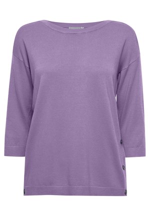 Maglione in lavanda a maglia con maniche a tre quarti, scollatura ampia e dettagli con bottoni sul lato. Tessuto liscio e vestibilità comoda.
