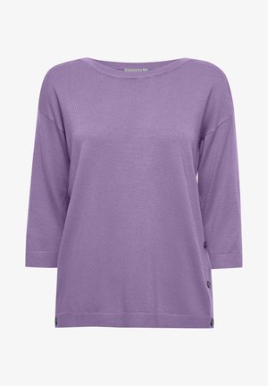 Maglione in lavanda a maglia con maniche a tre quarti, scollatura ampia e dettagli con bottoni sul lato. Tessuto liscio e vestibilità comoda.