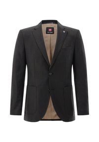Black blazer made of textured fabric with a two-button closure, notch lapels, two front pockets, and a beige inner lining.