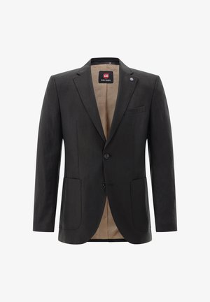 Black blazer made of textured fabric with a two-button closure, notch lapels, two front pockets, and a beige inner lining.
