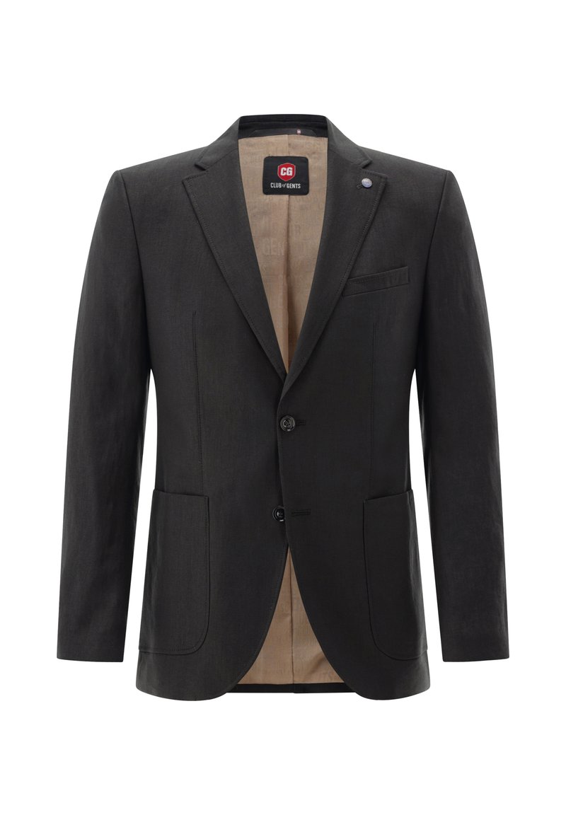 Black blazer made of textured fabric with a two-button closure, notch lapels, two front pockets, and a beige inner lining.
