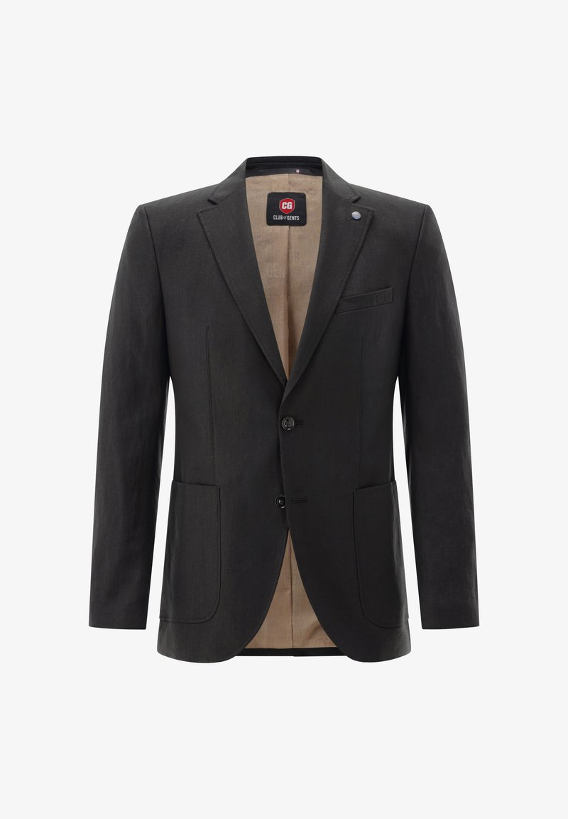 Schwarzer Blazer aus strukturiertem Stoff mit einer Zwei-Knopf-Verschluss, Reverskragen, zwei Fronttaschen und einem beigen Innenfutter.