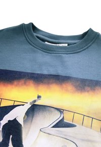 Blå hettegenser med rund hals, med et grafisk design av en skater og en gradientbakgrunn i oransje og gultoner.